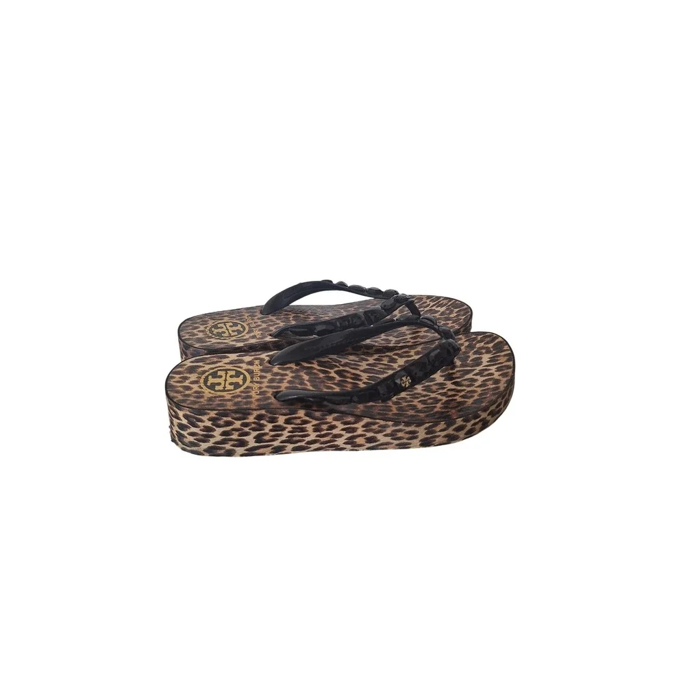 Tory Burch Leopard Print Wedge Platform Flip Flops Studded Black Straps Size 9.5